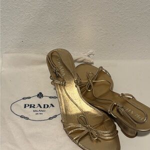 Prada Gold Leather Wedge Slingback Heels